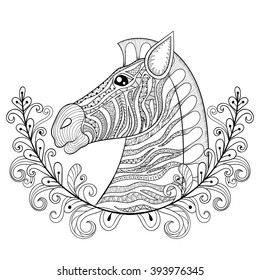 Zebra in Floral frame. Vector zentangle Zebra Head illustration, Horse print for adult anti stress coloring page. Hand drawn artistically ornamental patterned decorative animal for tattoo design
