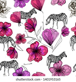 zebra and flower elements, seamless pattern