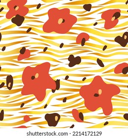 Zebra and flowers abstract seamless pattern. Golden stripes, repeating background. Vector printing for fabrics and paper.