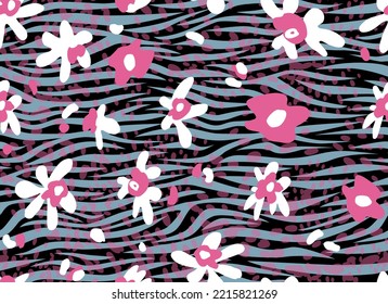 Zebra and flowers abstract seamless pattern. Stripes, repeating background. Vector printing for fabrics and paper.