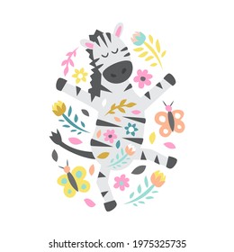 Zebra with flowers and butterflies on white. Childish cute print for card and poster. Vector Illustration