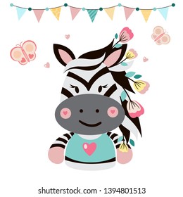 Zebra with flowers. Cute card, vector characters set, poster for baby room, baby shower, greeting card, kids and baby t-shirts and wear. - Vector