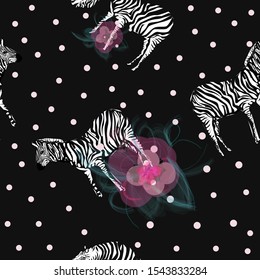 zebra, flowers, dots on dark background, seamless pattern