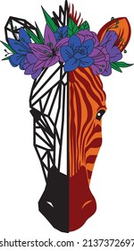 Zebra with flowers on the forehead and half stenciled on a white background.