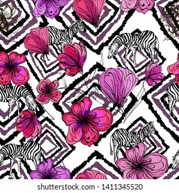 zebra and flowers on geometric background, seamless pattern