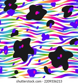 El diseño abstracto del arco iris de cebra y flores es impecable. Líneas de degradado neón. Bandas coloridas, fondo repitiendo. Impresión vectorial para telas, carteles, pancartas. 