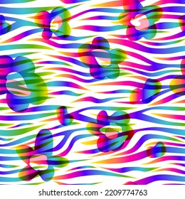 Zebra and flowers rainbow abstract seamless pattern. Neon gradient lines. Colorful stripes, repeating background. Vector printing for fabrics, posters, banners. 