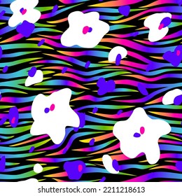 Zebra and flowers rainbow abstract seamless pattern. Neon gradient lines on a black background. Colorful stripes, repeating background. Vector printing for fabrics, posters, banners. 