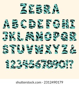 Zebra font for posters. Modern Zebra alphabet. Animal print skins typeface, editable and layered. Vector capital letters for kids room banners.