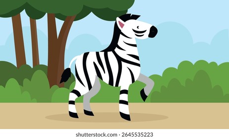 Zebra in the forest. Vector illustration in flat design style.