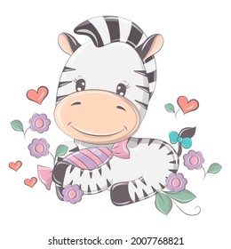 Zebra in a funny cartoon style. Cute animal illustration for baby products. The animal in the vector smile cutely and has beautiful eyes. Illustration for children's parties.