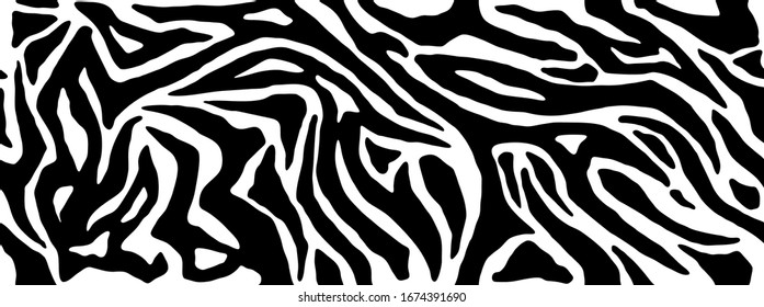 Zebra fur repeating texture. Animal skin stripes, jungle wallpapers. Black and white seamless pattern. Vector