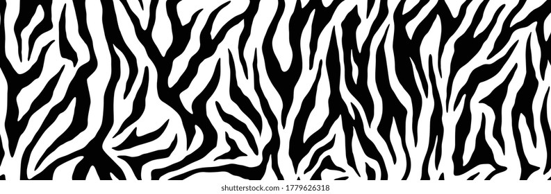 Zebra fur repeating texture. Animal skin stripes, jungle wallpapers. Black and white seamless pattern. Vector