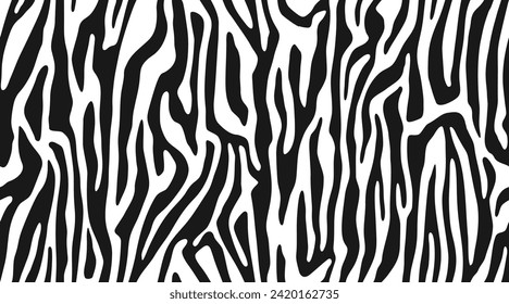 Zebra fur repeating texture. Animal skin stripes, jungle wallpapers. Black and white seamless pattern. Vector