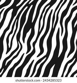 Zebra fur repeating texture. Animal skin stripes, jungle wallpapers. Black and white seamless pattern. Vector