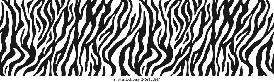 Textura repetida de piel de cebra. Estampado animal, rayas de piel. Fondos de pantalla de estilo salvaje selva. Patrón sin costuras en blanco y negro. fondo de Vector