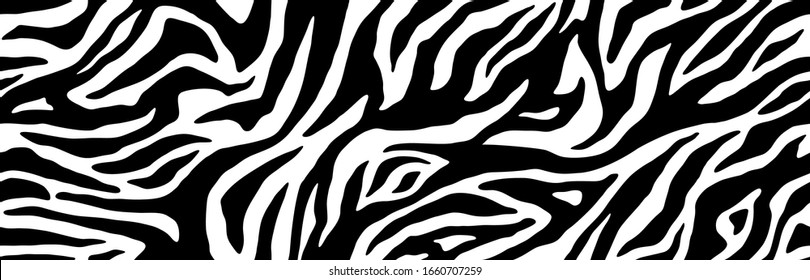 Zebra fur  - stripe skin, animal pattern. Repeating texture. Black and white seamless background. Vector