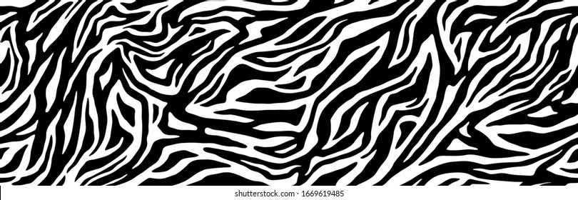 Zebra fur - stripe skin, animal pattern. Repeating texture. Black and white seamless background. Vector