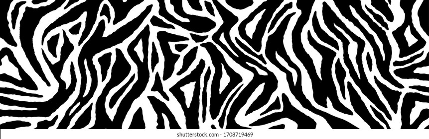 Zebra fur - stripe skin, animal pattern. Repeating texture. Black and white seamless background. Vector