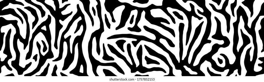 Zebra fur  - stripe skin, animal pattern. Repeating texture. Black and white seamless background. Vector