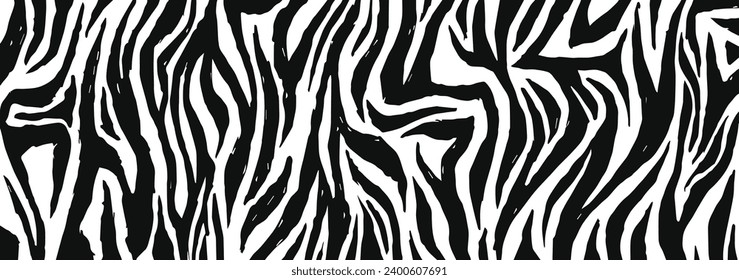 Zebra fur  - stripe skin, animal pattern. Hand drawn texture. Black and white background. Graphic print. Vector