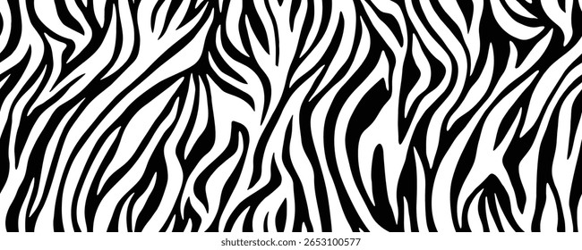Zebra fur stripe skin, animal pattern. Repeating texture. Printing on fabric. Black and white seamless background. Vector wallpaper