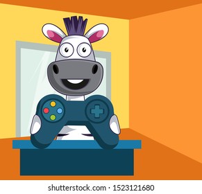 Cebra con gamepad, ilustración, vector sobre fondo blanco.
