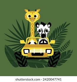 Сartoon zebra and giraffe in car in tropical forest. Vector illustration.