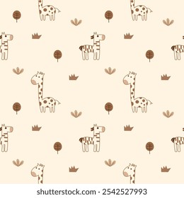 Zebra and giraffe cartoon so cute. On tree grass background. Pattern seamless vector illustration. 