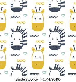 Relleno vectorial sin fisuras de cebra y jirafa dibujado a mano. Un bonito dibujo infantil. Papel de envoltura para bebés, textil, ilustración vectorial 