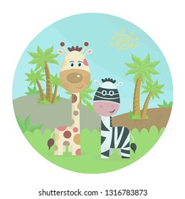 Zebra with giraffe in nature. Cartoon color vector illustration in a circle, landscape with animals palm trees and grass-Vector illustration