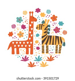 Zebra and Giraffe print, cute hand drawn vector illustration