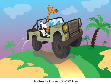 Zebra and giraffe riding off-road car very fast