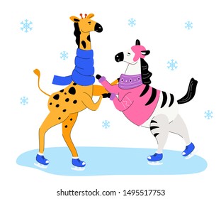 Zebra and giraffe skating - flat design style illustration