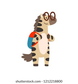 Zebra in glasses standing with backpack, cute animal cartoon character, school education and knowledge concept vector Illustration on a white background