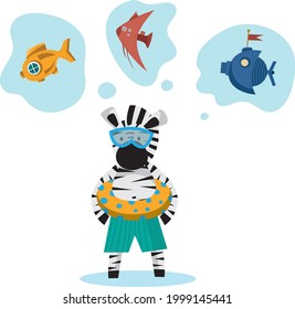 La cebra se va a nadar con anillo de natación y gafas de natación. Carácter animal lindo para niños, dibujos animados aislados en blanco.  