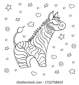 Zebra hand drawn by a black line. Decoration. Coloring. Isolated object on a white background. Children's vector illustration. Image for your design: postcard, social network, print on a t-shirt.