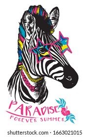 Zebra handgezeichnet mit Gläsern aus Sequins Vektorillustration Sommerdruck-T-Shirt