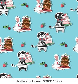 Zebra and hare with cake pattern, birthday, animals, pastries, sweets, Zebra and hare carries a cake, cartoon, background, seamless image.