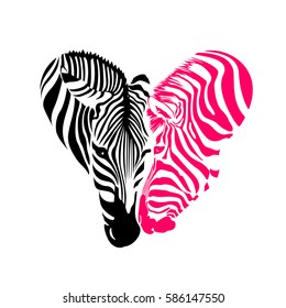 Zebra Kopf, Schwarz und Rosa Farben in der Herzform. Logo-Design, Wildtierstruktur. Illustration einzeln auf weißem Hintergrund.