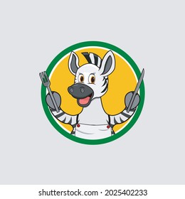 Zebra Head Circle Label Bring Fork and Knife And Ready For Eat, Yellow Colors Background, Mascot, Icon, Character or Logo, Vector and Illustration.