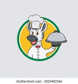 Zebra Head Circle Label Bring Food and Chef Custom, Yellow Colors Background, Mascot, Icon, Character or Logo, Vector and Illustration.