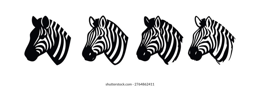 Zebra head icons set in various black and white styles, showcasing stripes and different artistic renditions.