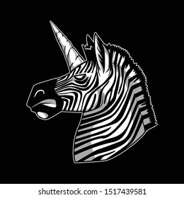 zebra head with unicorn tusk cartoon illustration