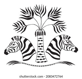 Zebra heads, palm tree, black and white tropical ornament. Decorative calligraphic drawing. Vector illustration isolated on white background. Design for tattoo, fabric, wrapping paper, wallpaper.