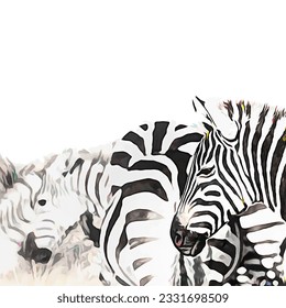 Zebra herd in the Masai Mara. Digital painting in black and white with bright accents and space for text. EPS 10 vector format