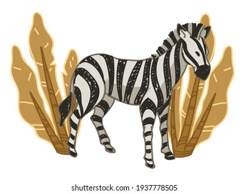 Zebra hiding behind bushes with lush foliage. Isolated wildlife animal with stripes on skin and floral decoration. Zoo or national reservation, meadow or african safari. Vector in flat style