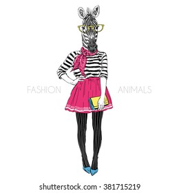 zebra hipster girl, fashion animal illustration