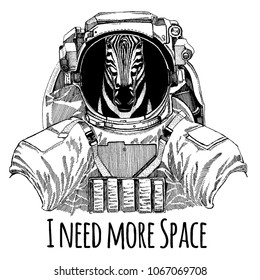 Zebra Horse Astronaut. Space suit. Hand drawn image of lion for tattoo, t-shirt, emblem, badge, logo patch kindergarten poster children clothing