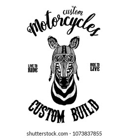 Zebra Horse Biker, motorcycle animal. Hand drawn image for tattoo, emblem, badge, logo, patch, t-shirt
